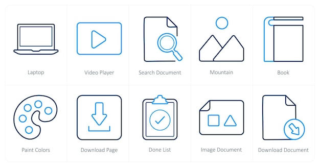 a set of 10 ui icons as laptop video player search document