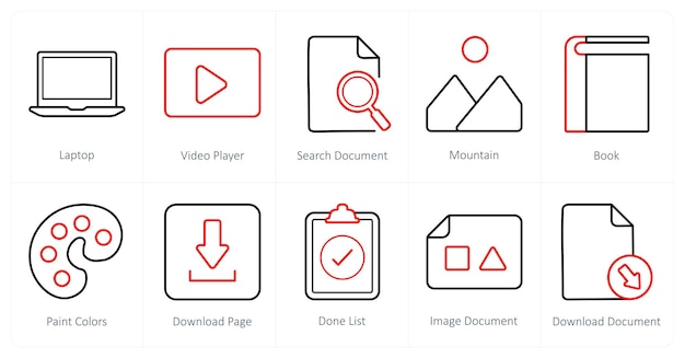 a set of 10 ui icons as laptop video player search document