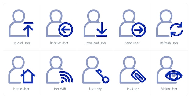 a set of 10 user icons as upload user receive user download user