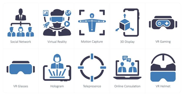 a set of 10 virtual reality icons as social network virtual reality motion capture