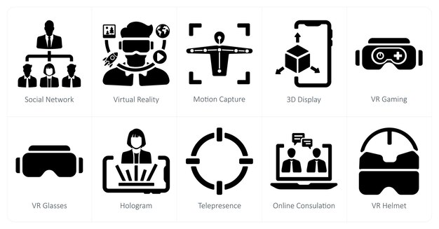 a set of 10 virtual reality icons as social network virtual reality motion capture