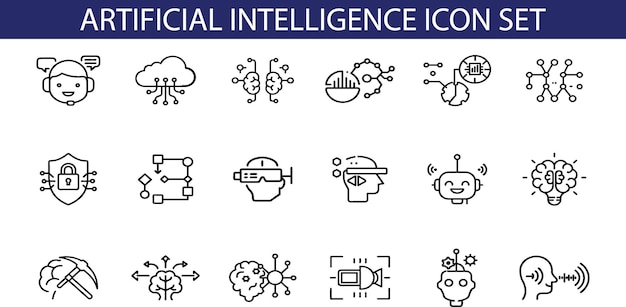 A set of 18 AI icons representing concepts like cloud computing machine learning data analysis ro