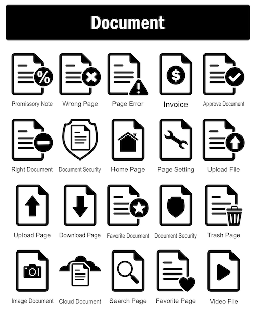 A set of 20 Document icons as promissory note wrong page page error