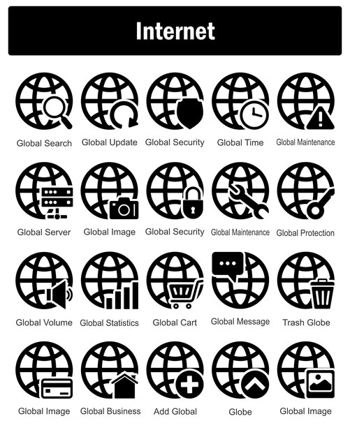 A set of 20 Internet icons as global search global update global