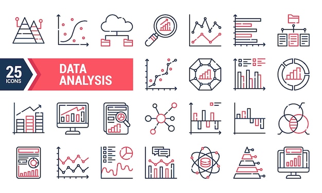 A set of 25 line icons for data analysis