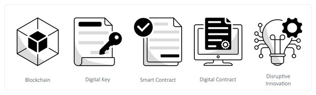 A set of 5 blockchain icons as blockchain digital key smart contract