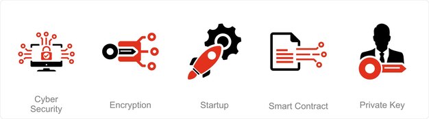 A set of 5 Blockchain icons as cyber security encryption startup