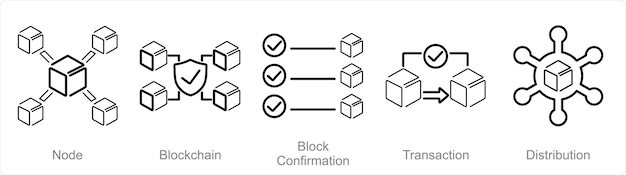 A set of 5 Blockchain icons as node blockchain block confirmation