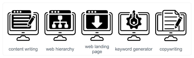 A set of 5 business icons as content writing web hierarchy web landing page