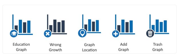 A set of 5 business icons as education graph wrong growth graph location