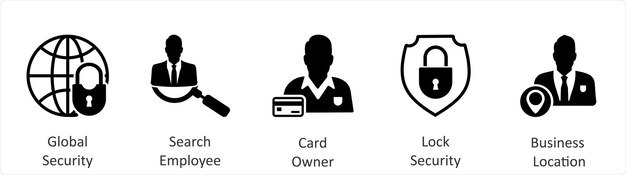 A set of 5 business icons as global security search employee card owner
