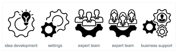 a set of 5 business icons as idea development settings expert team