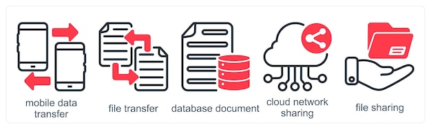 a set of 5 business icons as mobile data transfer file transfer database document