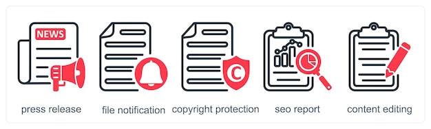 A set of 5 business icons as press release file notification copyright protection