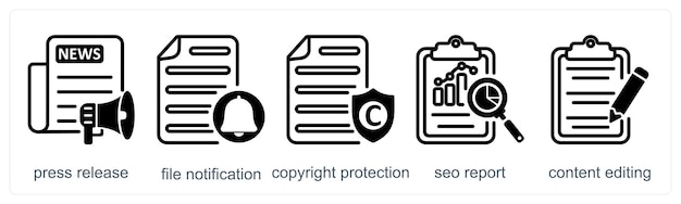 A set of 5 business icons as press release file notification copyright protection