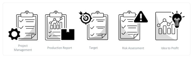 a set of 5 business icons as project management production report target
