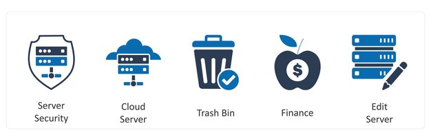 A set of 5 business icons as server security cloud server trash bin