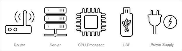 A set of 5 Computer Parts icons as router server cpu processor