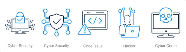 A set of 5 Cyber Security icons as cyber security code issue hacker