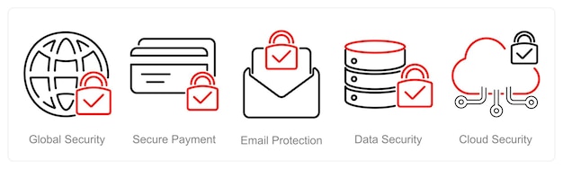 a set of 5 cyber security icons as global security secure payment email protection