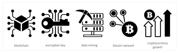 A set of 5 cyrptocurrency icons as blockchain encryption key data mining