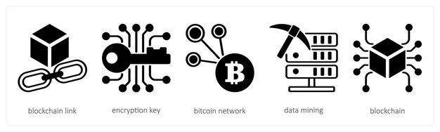 A set of 5 cyrptocurrency icons as blockchain link encryption key bitcoin network