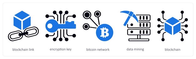 A set of 5 cyrptocurrency icons as blockchain link encryption key bitcoin network