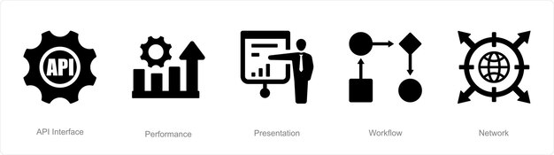 A set of 5 Data analysis icons as api interface performance presentation