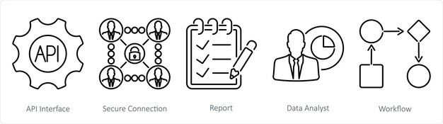 A set of 5 data analytics icons as api interface secure connection report
