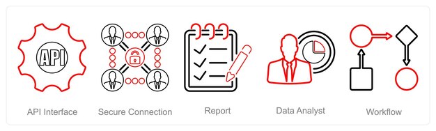A set of 5 data analytics icons as api interface secure connection report
