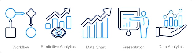 a set of 5 data analytics icons as workflow predictive analytics data chart