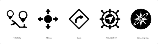 A set of 5 Direction icons as itinerary move turn