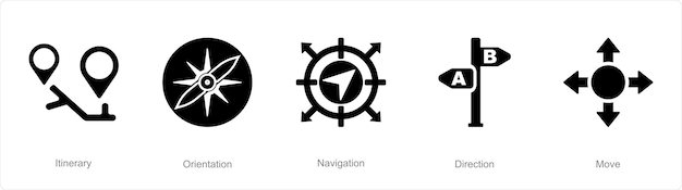 A set of 5 Direction icons as itinerary orientation navigation