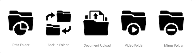 A set of 5 Folder icons such as data folder backup folder and document upload