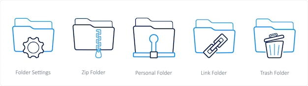 A set of 5 folder icons such as folder settings zip folder