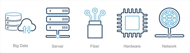 A set of 5 Internet Computer icons as big data server fiber