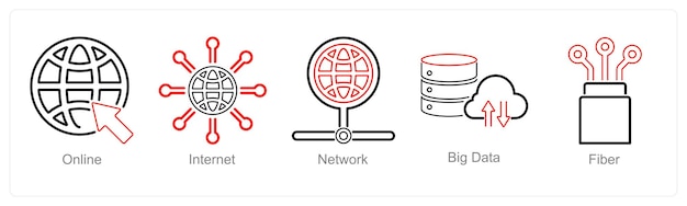 A set of 5 Internet Computer icons as online internet network big data