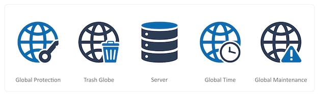 a set of 5 internet icons as global protection trash globe server