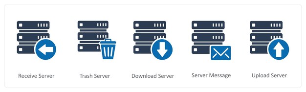 a set of 5 internet icons as receive server trash server download server