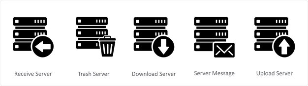 a set of 5 internet icons as receive server trash server download server
