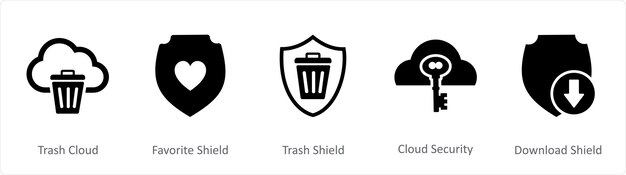 A set of 5 Internet icons as trash cloud favorite shield trash shield