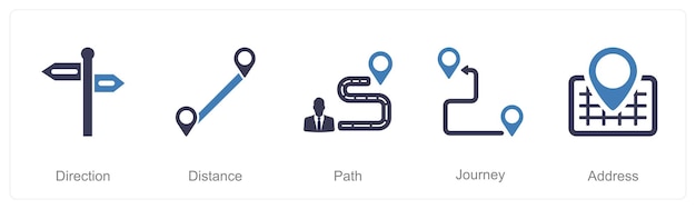 A set of 5 Location icons as direction distance path