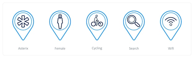 A set of 5 location pointer icons as asterix female cycling