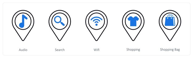 A set of 5 mix icons as audio search wifi