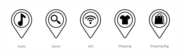 A set of 5 mix icons as audio search wifi