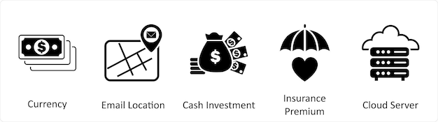 A set of 5 Mix icons as currency email location cash investment