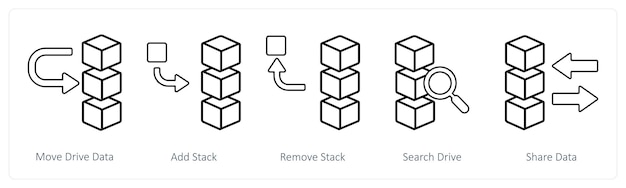 a set of 5 mix icons as move drive data add stack remove stack
