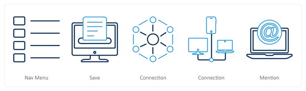 A set of 5 mix icons as nav menu save connection