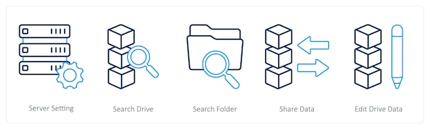 a set of 5 mix icons as server setting search drive search folder