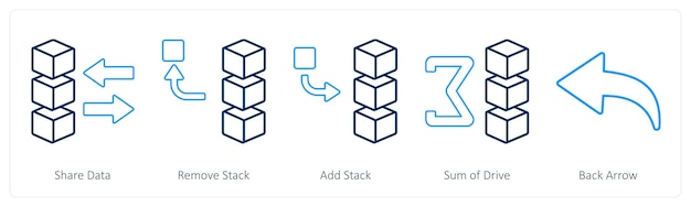 a set of 5 mix icons as share data remove stack add stack